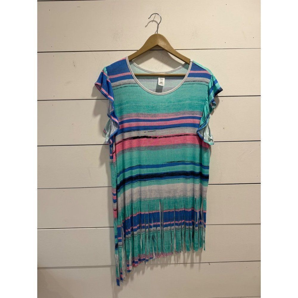 Boutique Mint Striped Diagonal Fringe Striped Top 2X